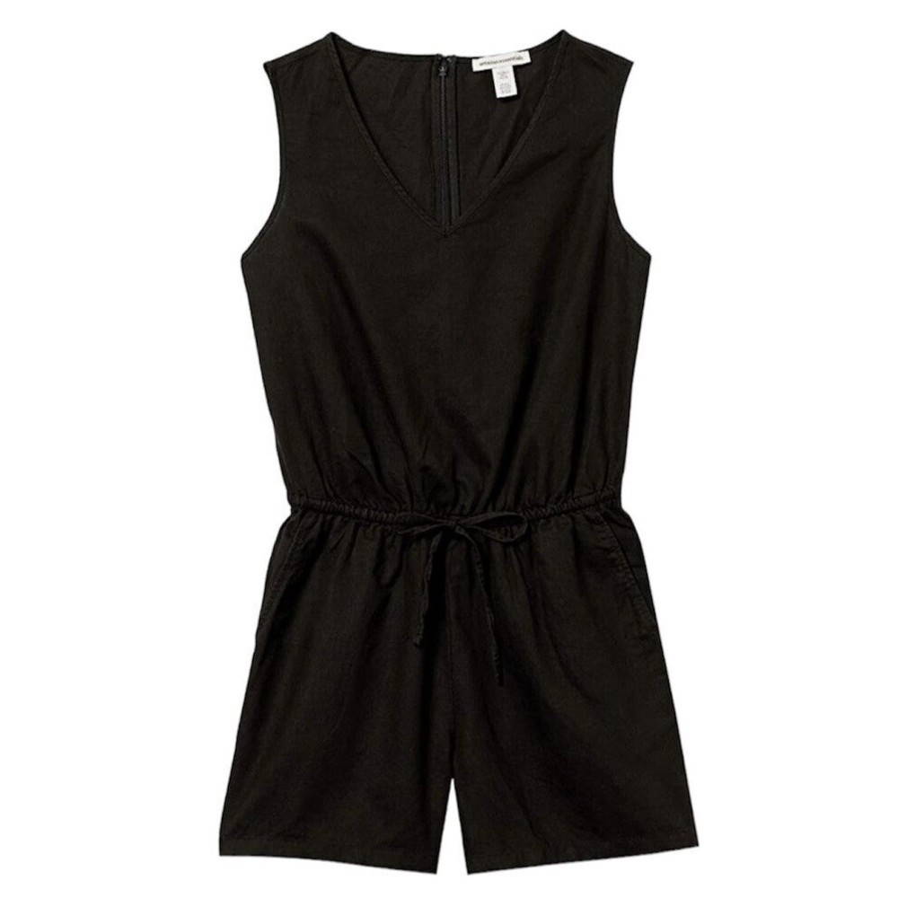 Women Black Romper Size 4 Linen Blend V Neck Drawstring - Picture 6 of 7